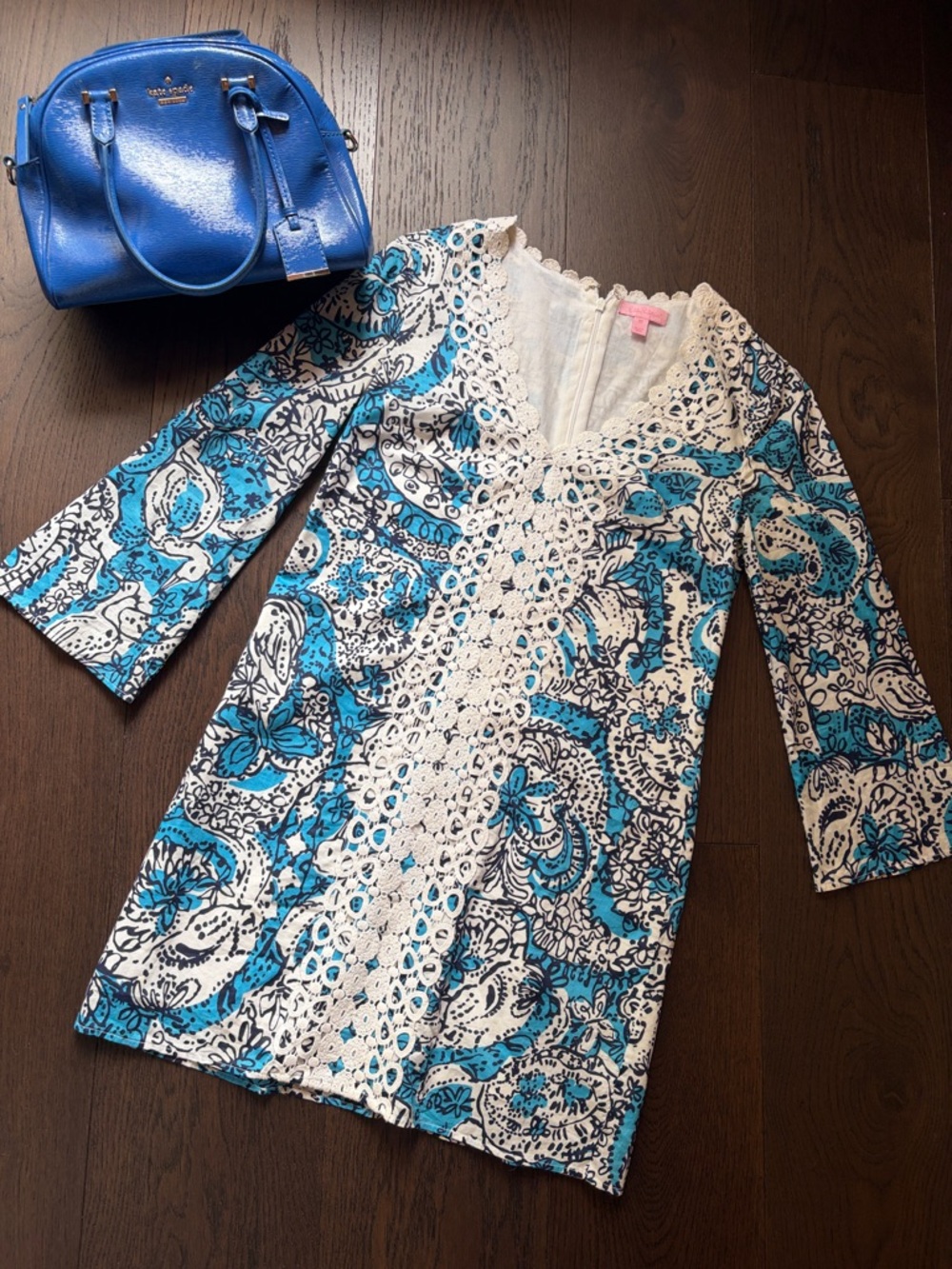 Lilly Pulitzer Blue & White Lace Trim Printed Dress